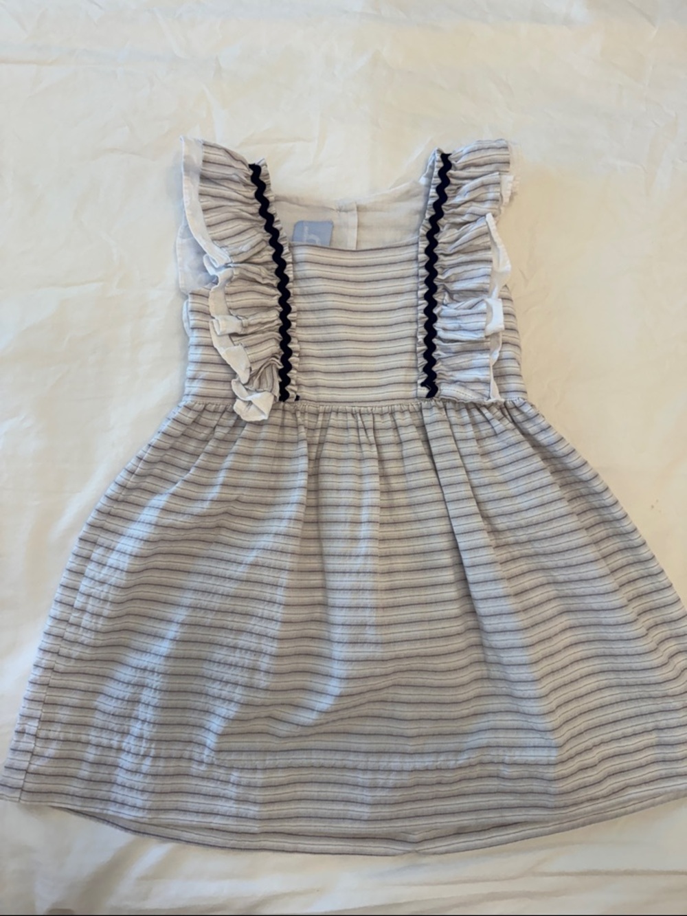 bella bliss Light Gray Striped Ruffle Dress with Navy Trim